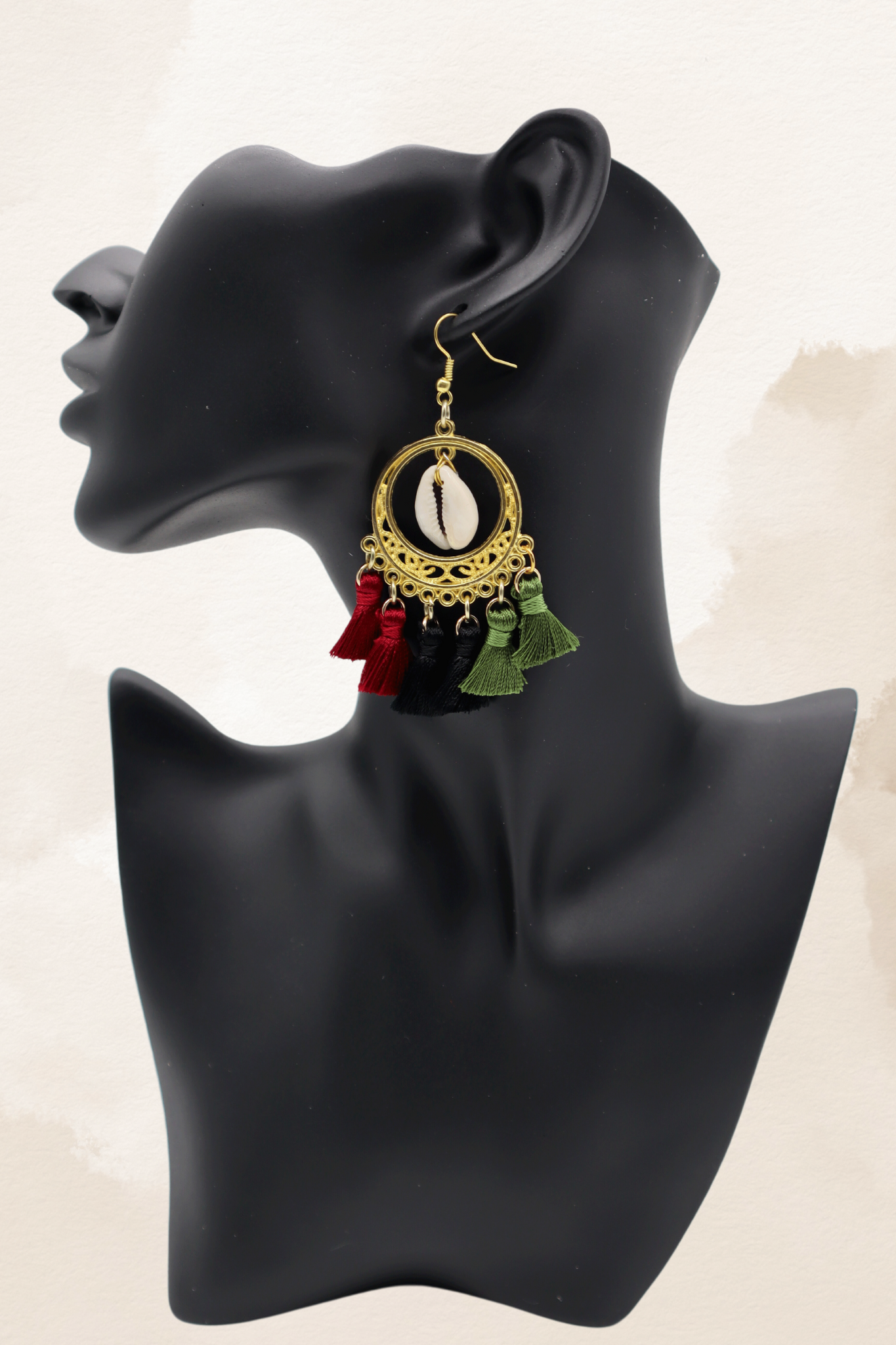 Red, Black, Green Tassel Earrings with Gold Frame