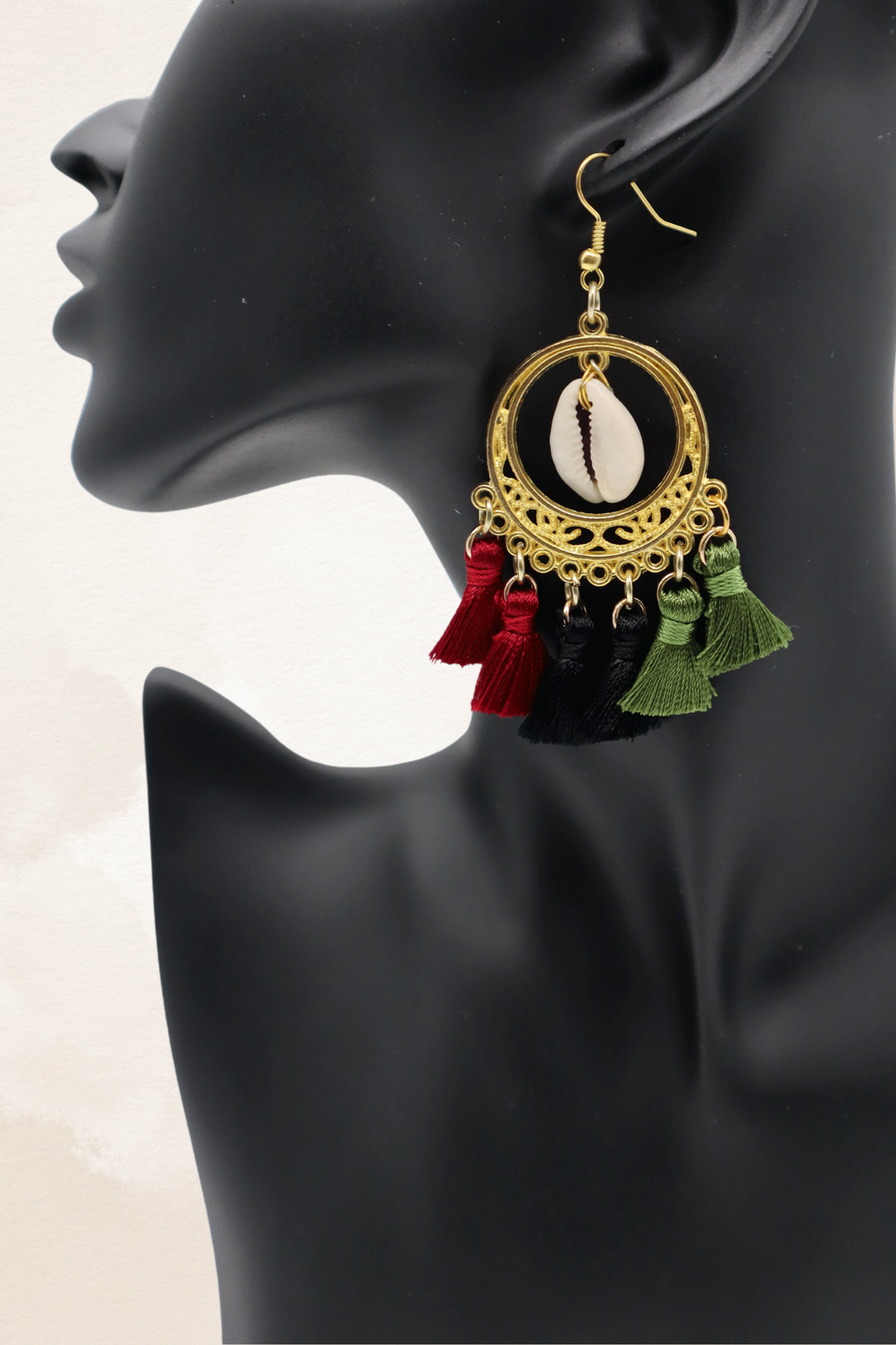 Red, Black, Green Tassel Earrings with Gold Frame