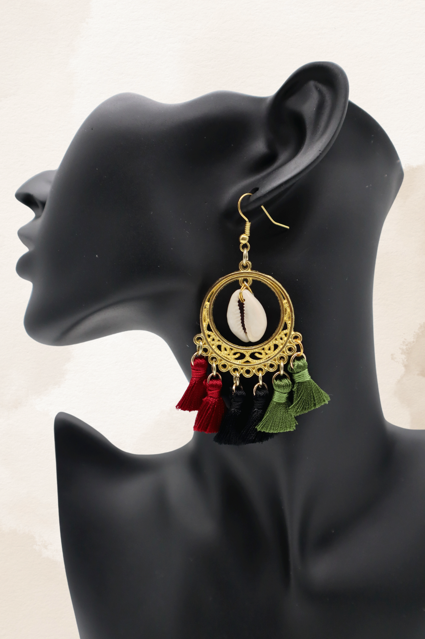 Red, Black, Green Tassel Earrings with Gold Frame